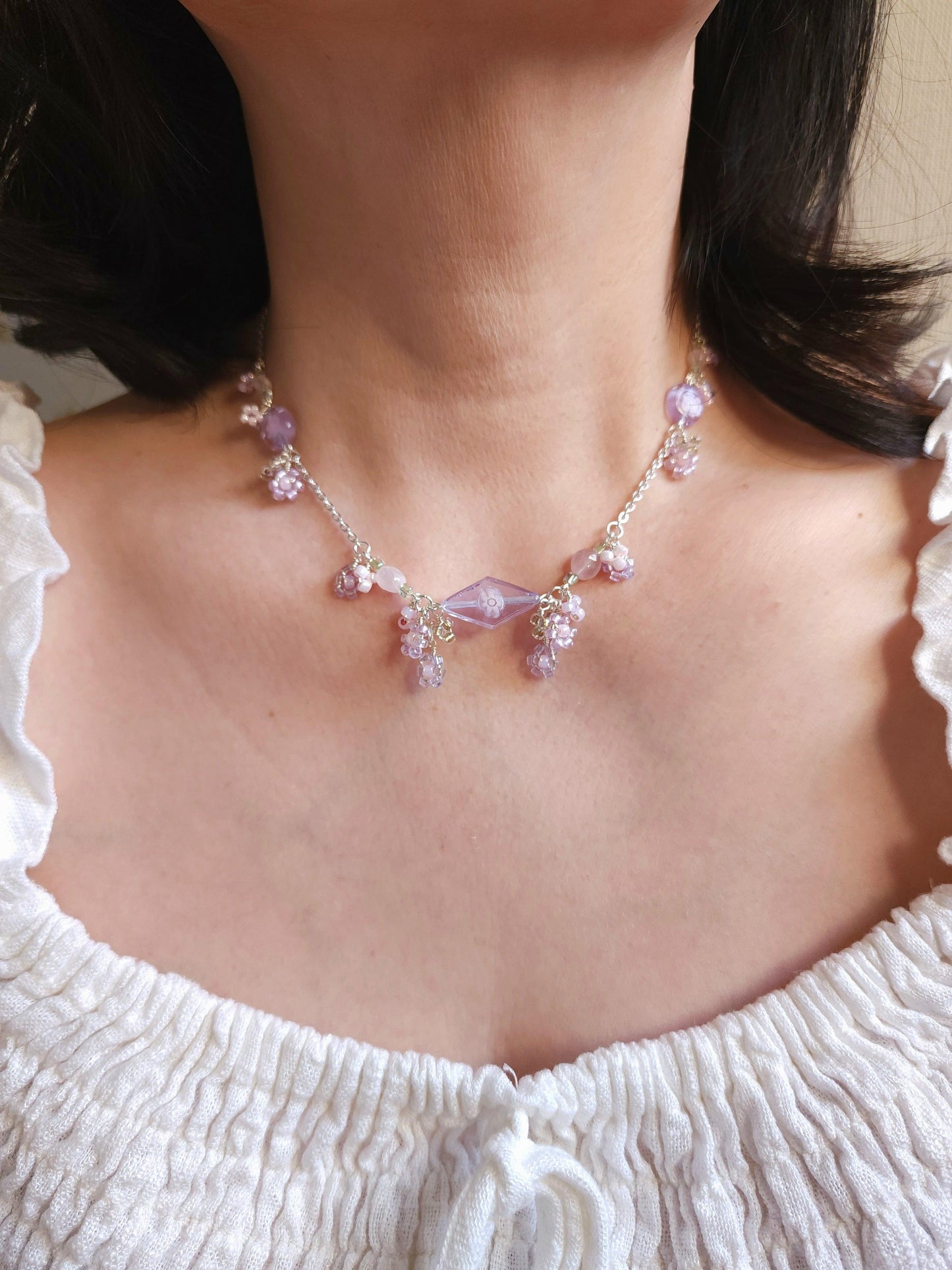 Lilac-pink Glass Flower Necklace - By Cocoyu