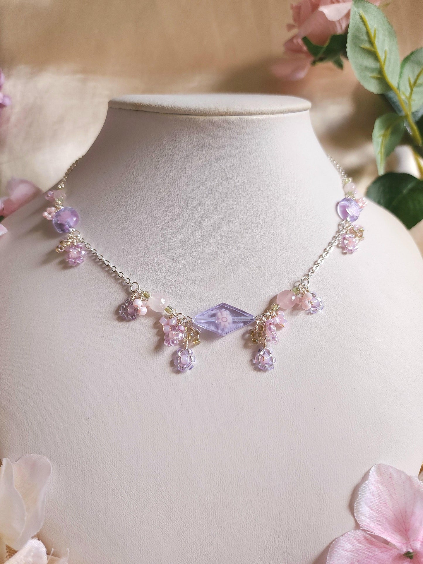Lilac-pink Glass Flower Necklace - By Cocoyu