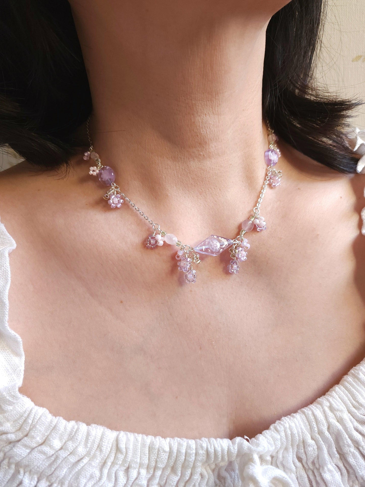 Lilac-pink Glass Flower Necklace - By Cocoyu