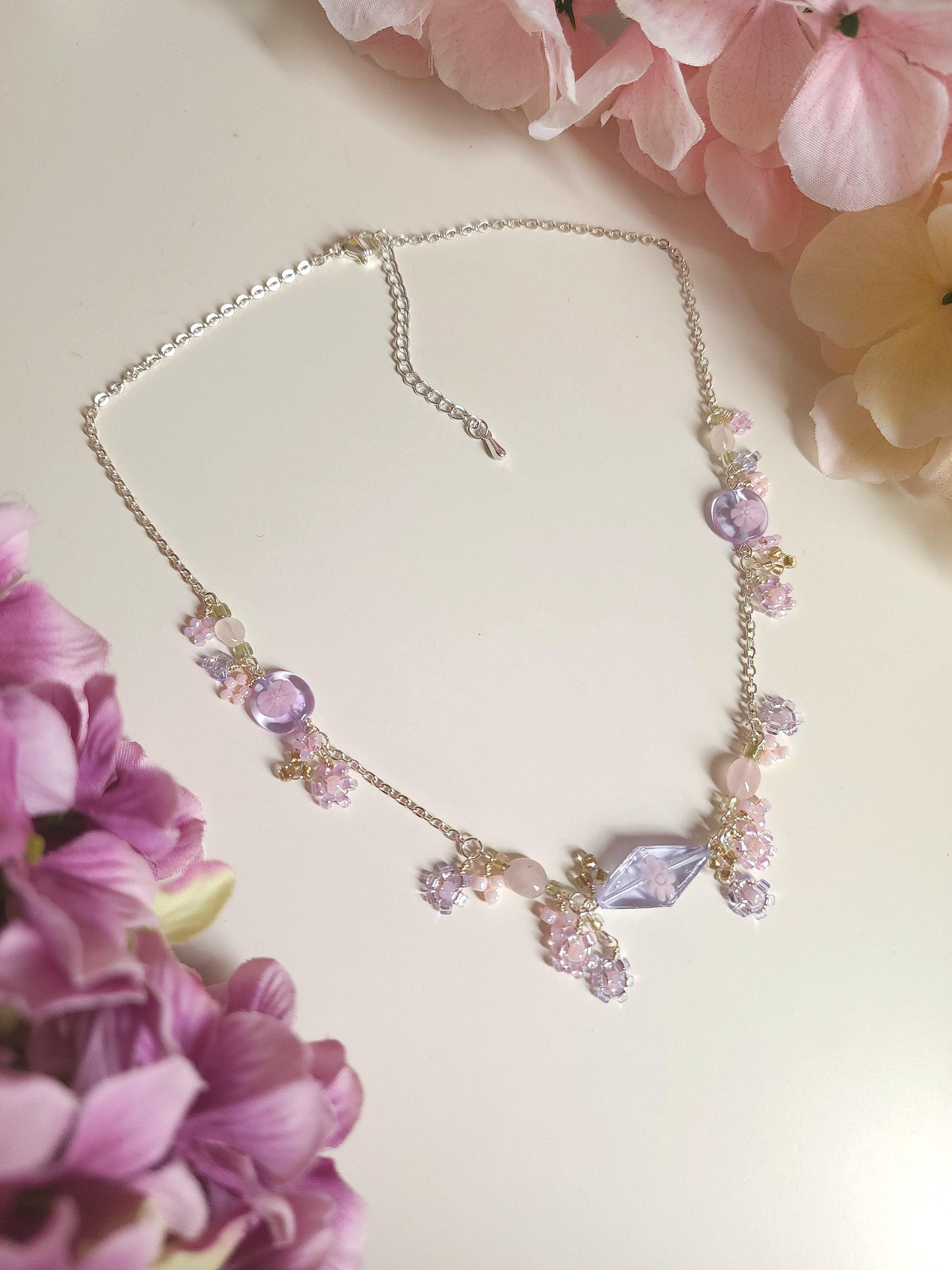 Lilac-pink Glass Flower Necklace - By Cocoyu