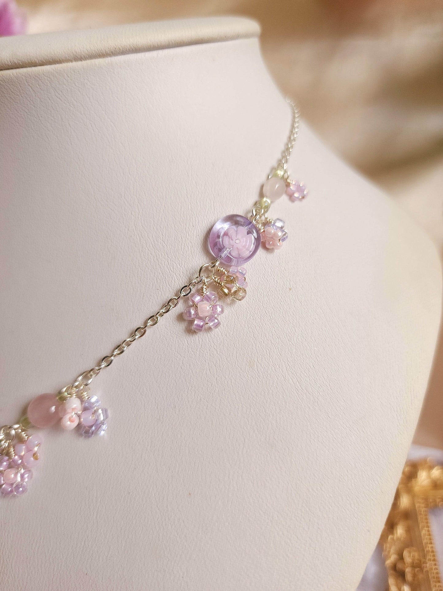 Lilac-pink Glass Flower Necklace - By Cocoyu