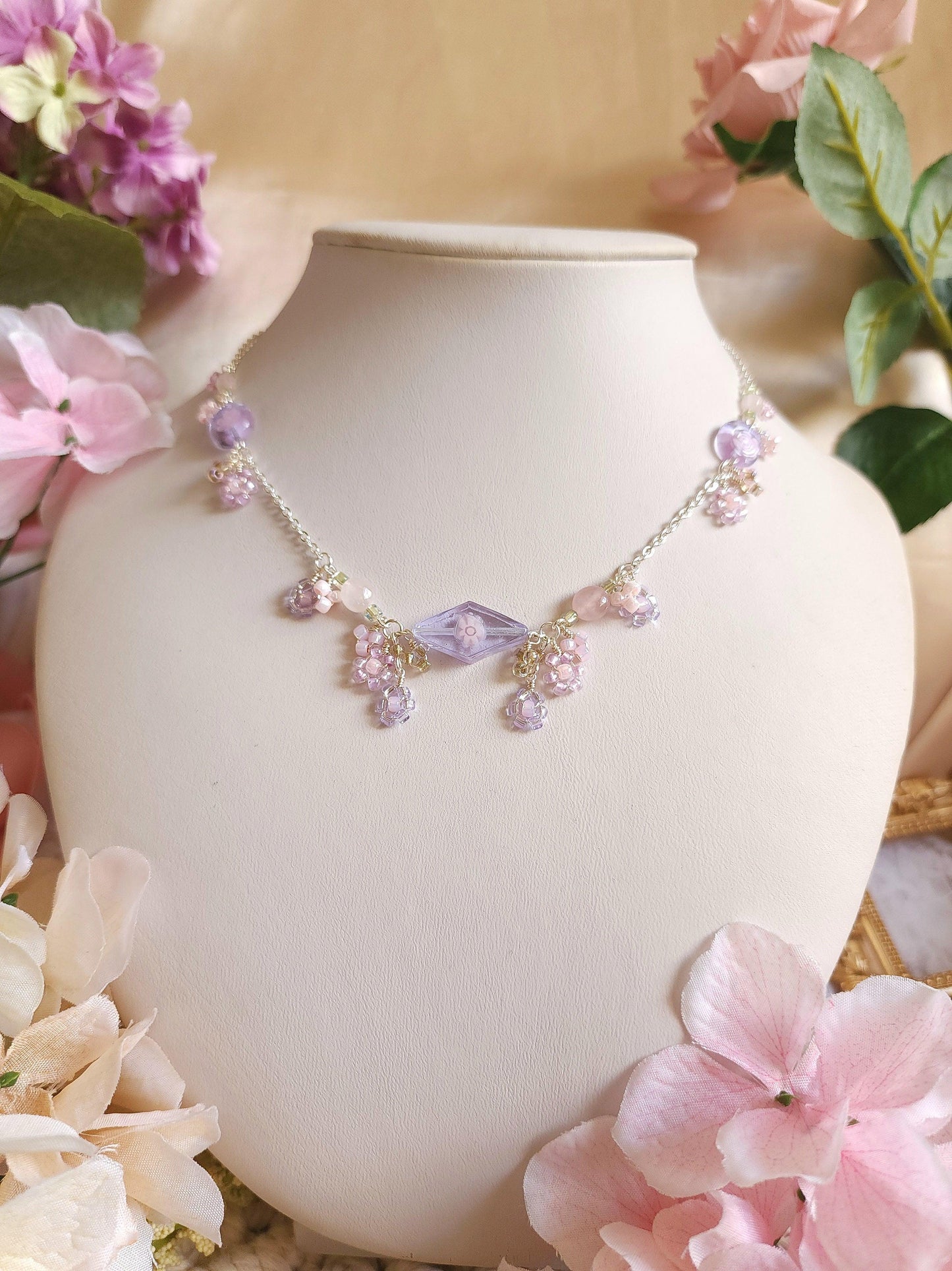 Lilac-pink Glass Flower Necklace - By Cocoyu