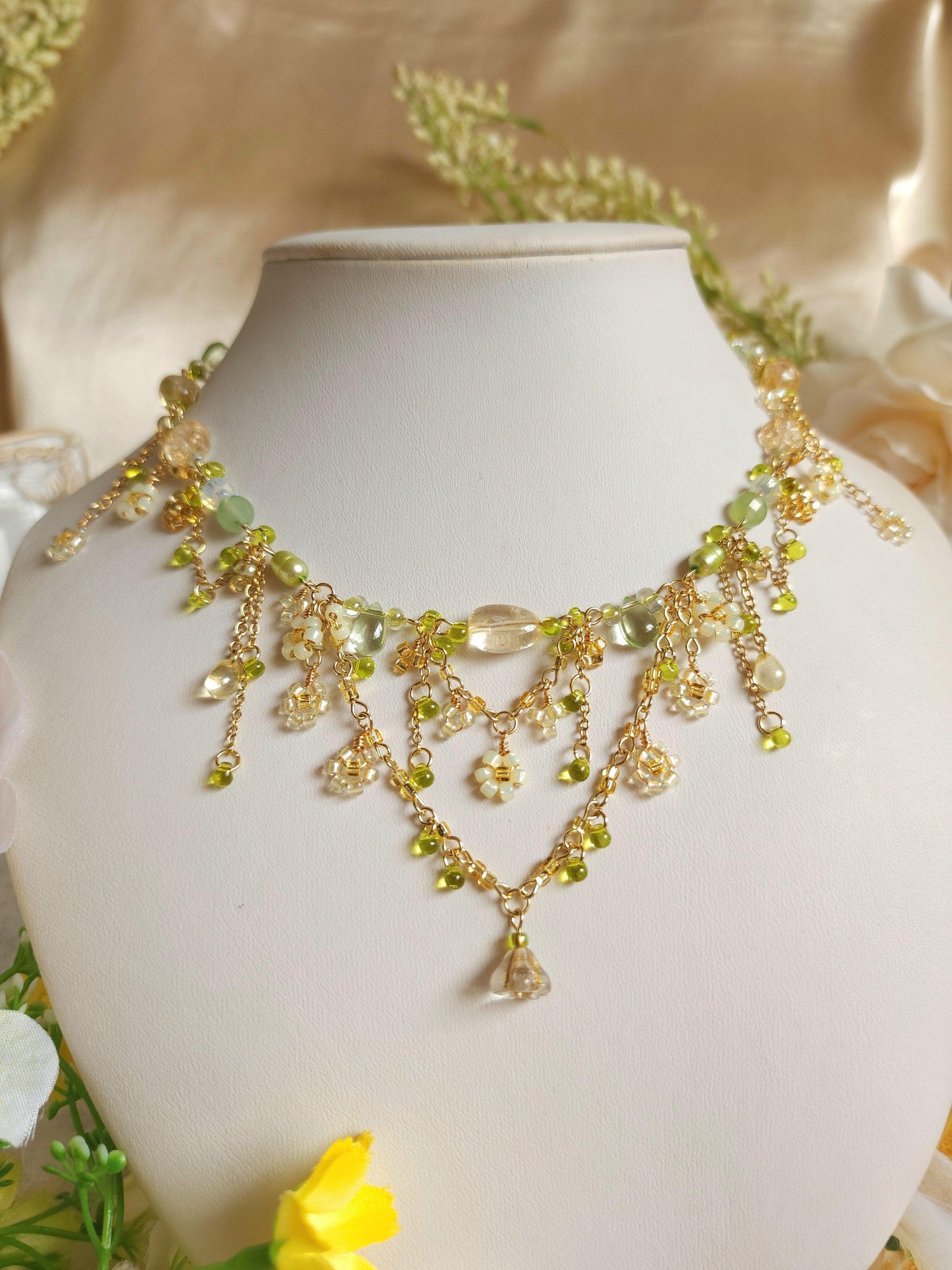 'Nanohana at Sunrise' Gold and Green Floral Necklace - By Cocoyu