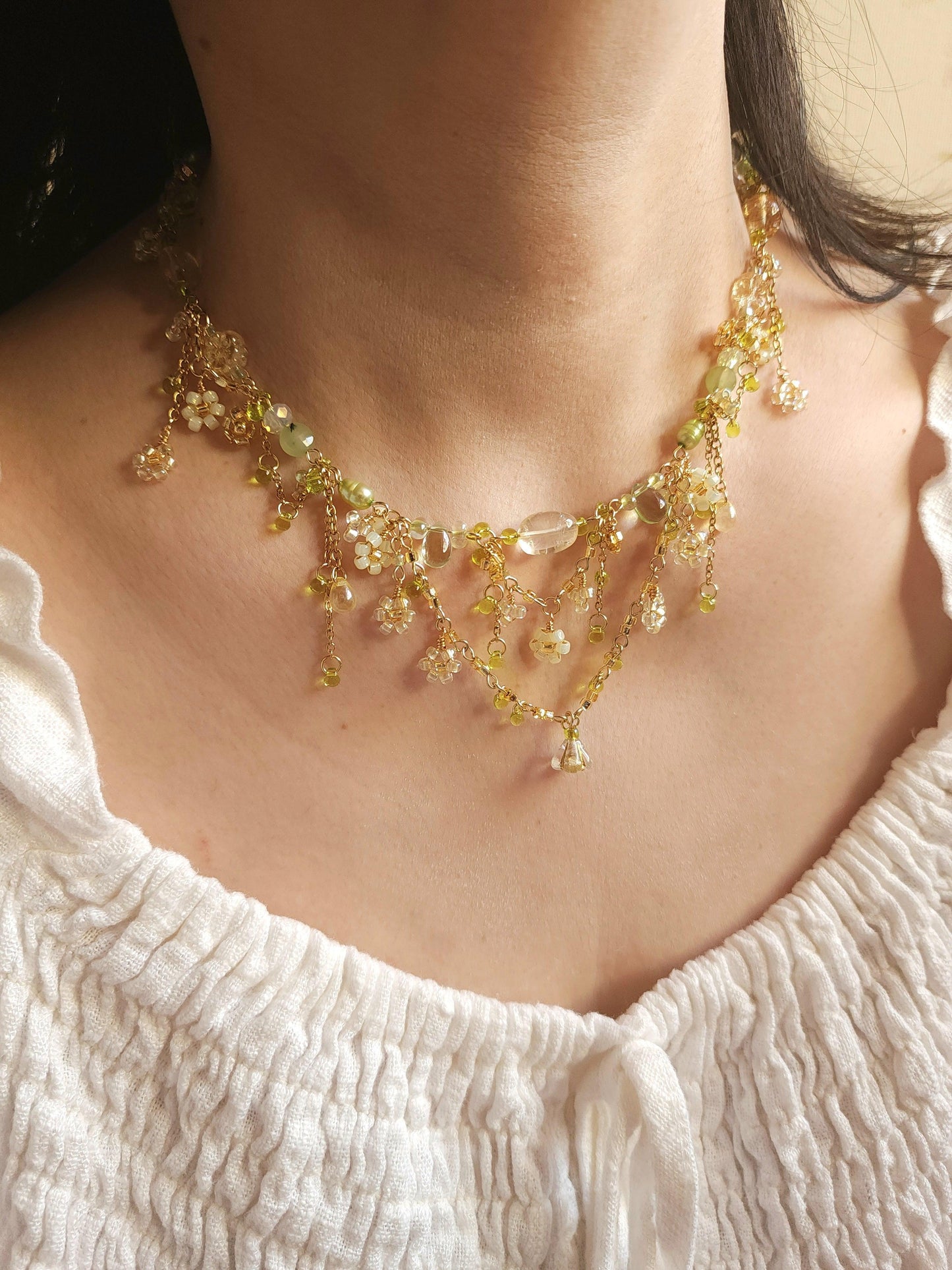 'Nanohana at Sunrise' Gold and Green Floral Necklace - By Cocoyu