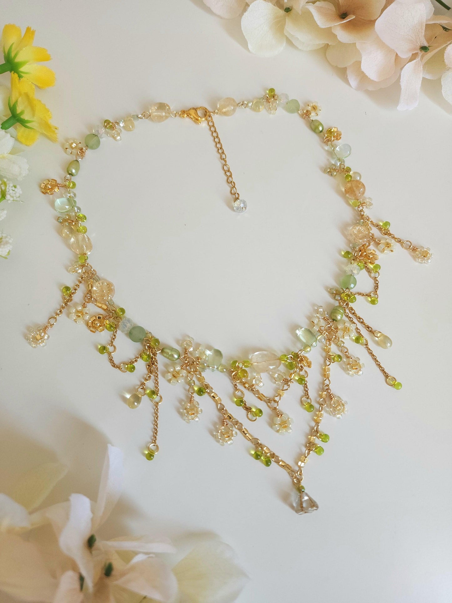 'Nanohana at Sunrise' Gold and Green Floral Necklace - By Cocoyu