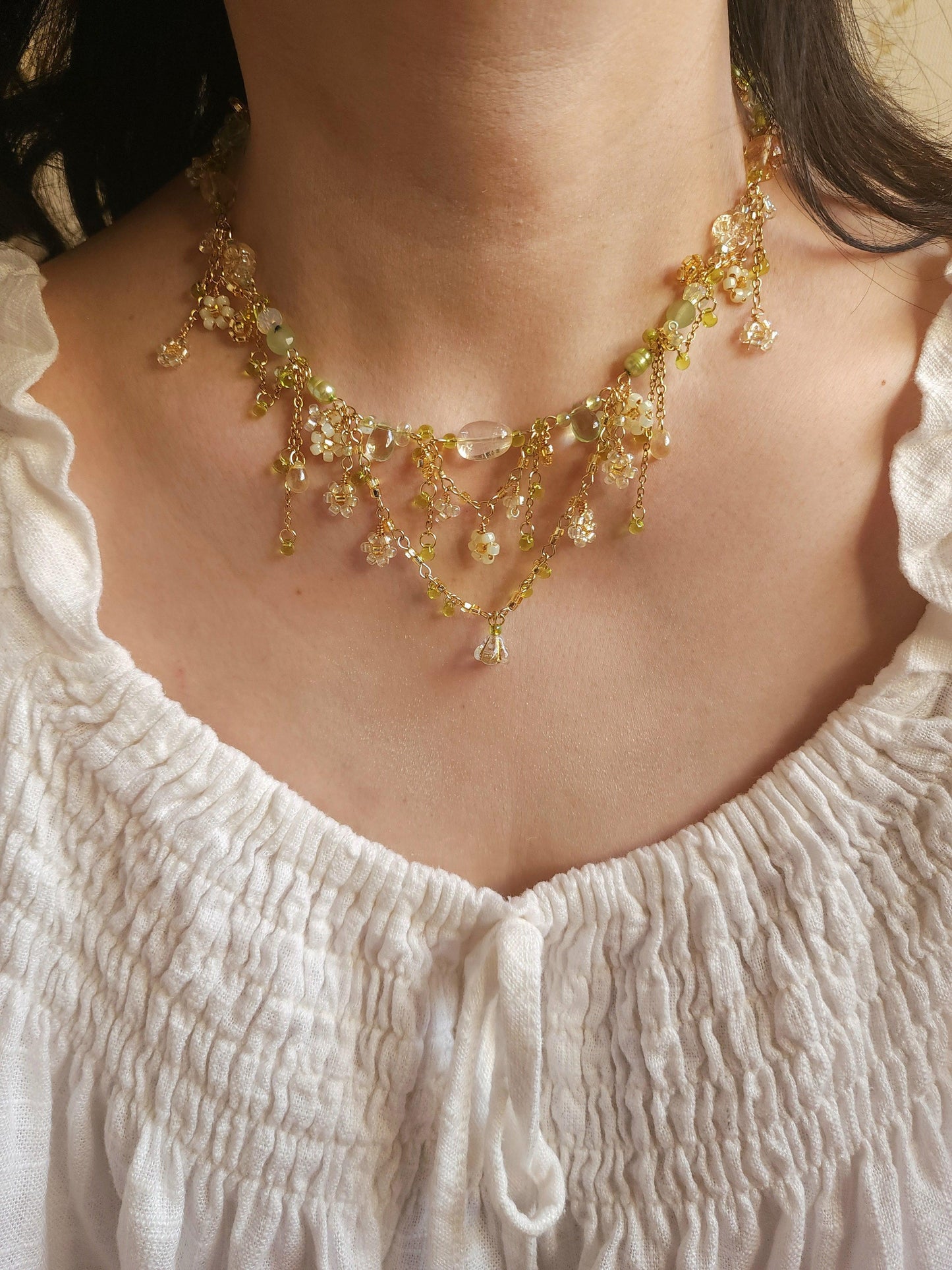 'Nanohana at Sunrise' Gold and Green Floral Necklace - By Cocoyu