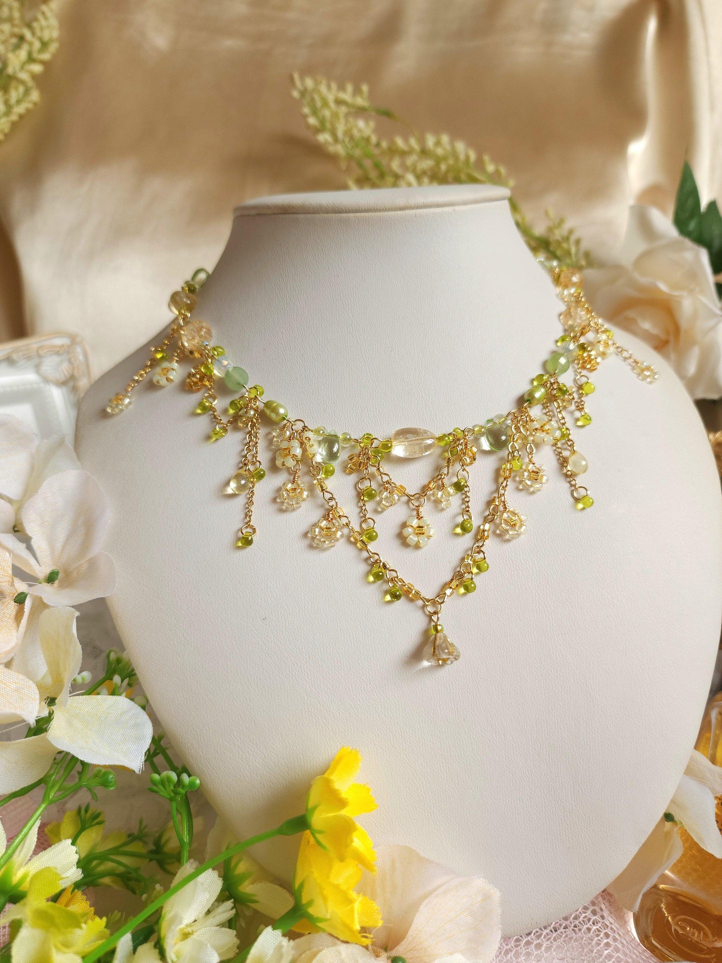 'Nanohana at Sunrise' Gold and Green Floral Necklace - By Cocoyu