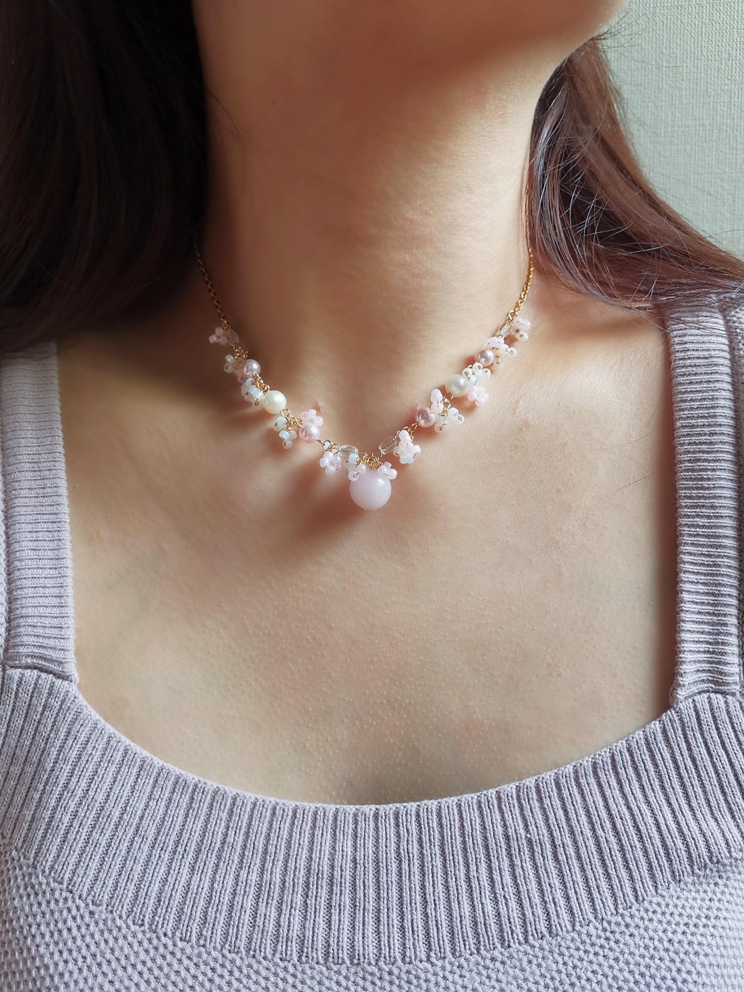 Sea Pink Rose Quartz and Pearl Necklace - By Cocoyu