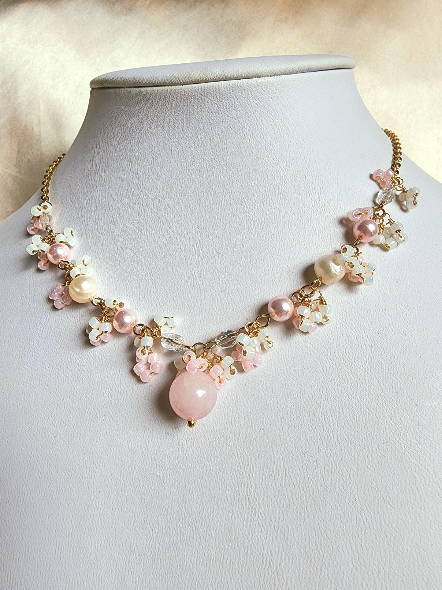 Sea Pink Rose Quartz and Pearl Necklace - By Cocoyu