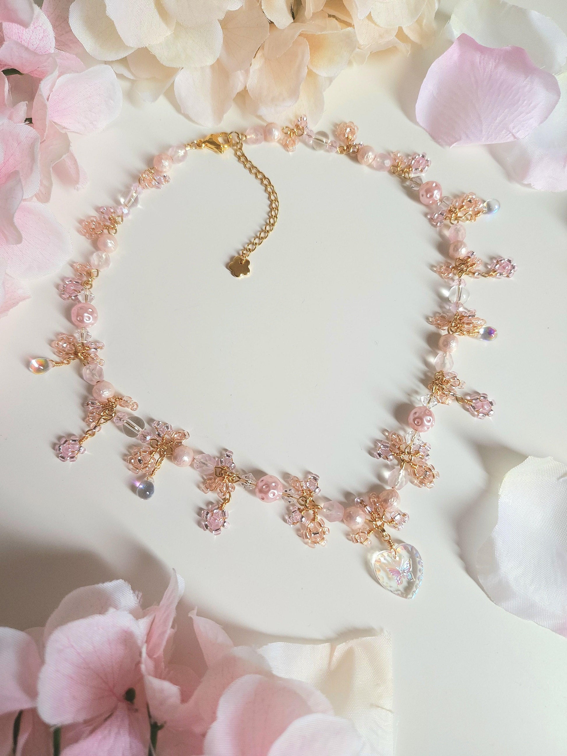 Butterfly in Pink Abelias Necklace - By Cocoyu