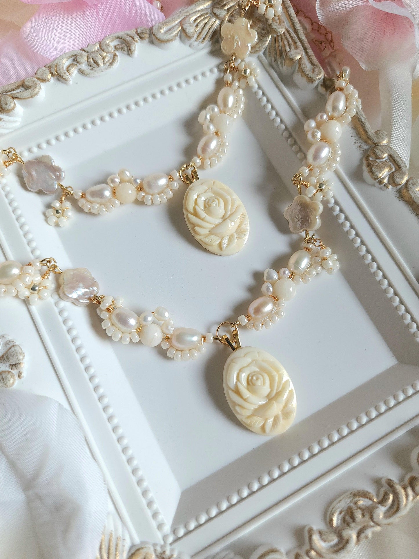 Carved Ivory Rose Necklace - By Cocoyu
