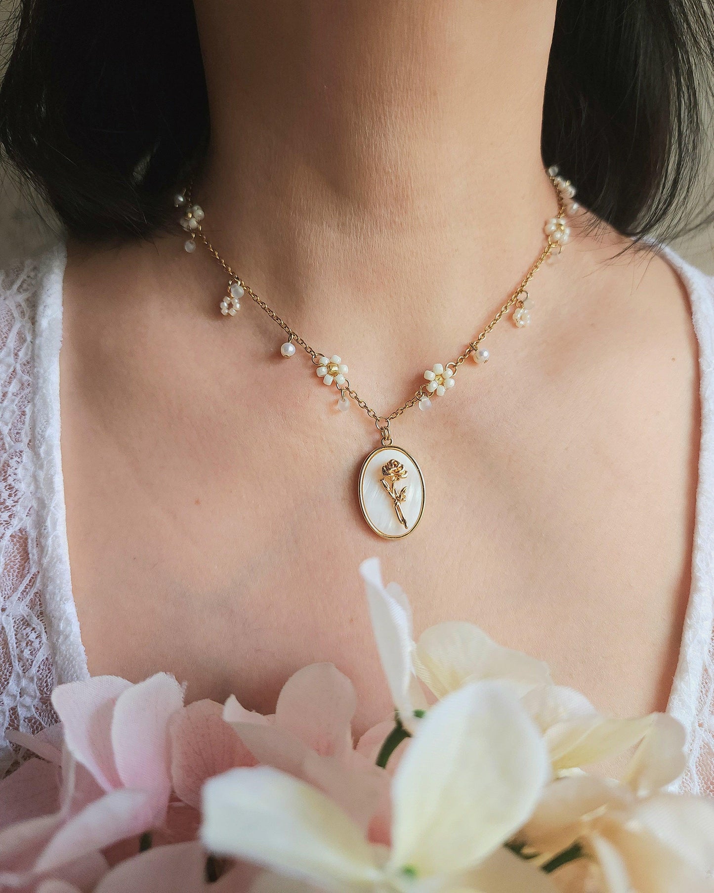 Ivory Rose Pearl Necklace - By Cocoyu
