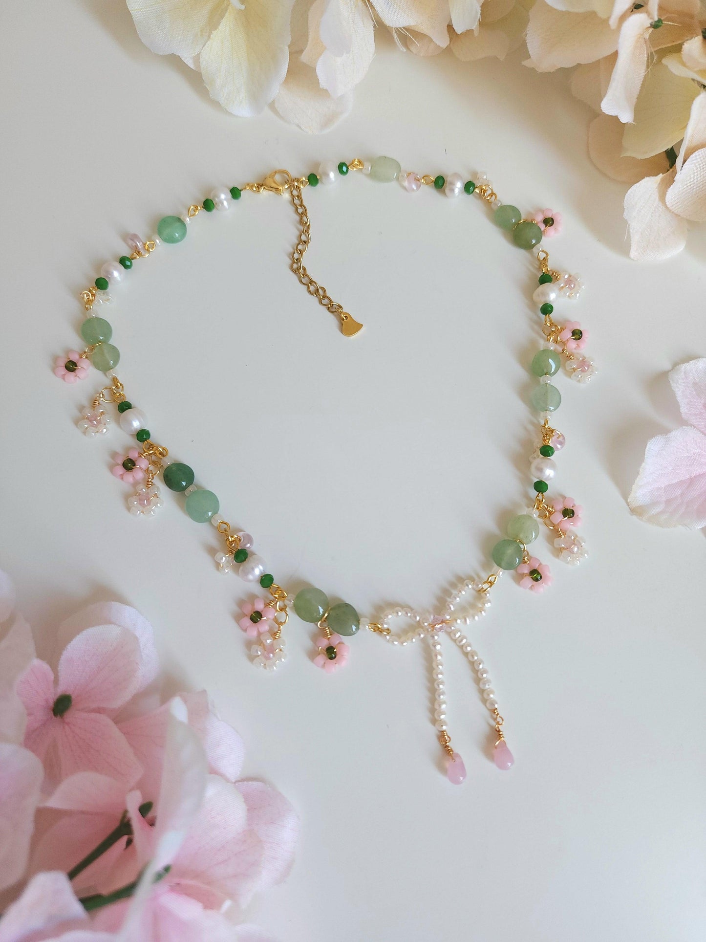 'Let's go flower viewing!' Pearl Ribbon and Blossoms Necklace - By Cocoyu