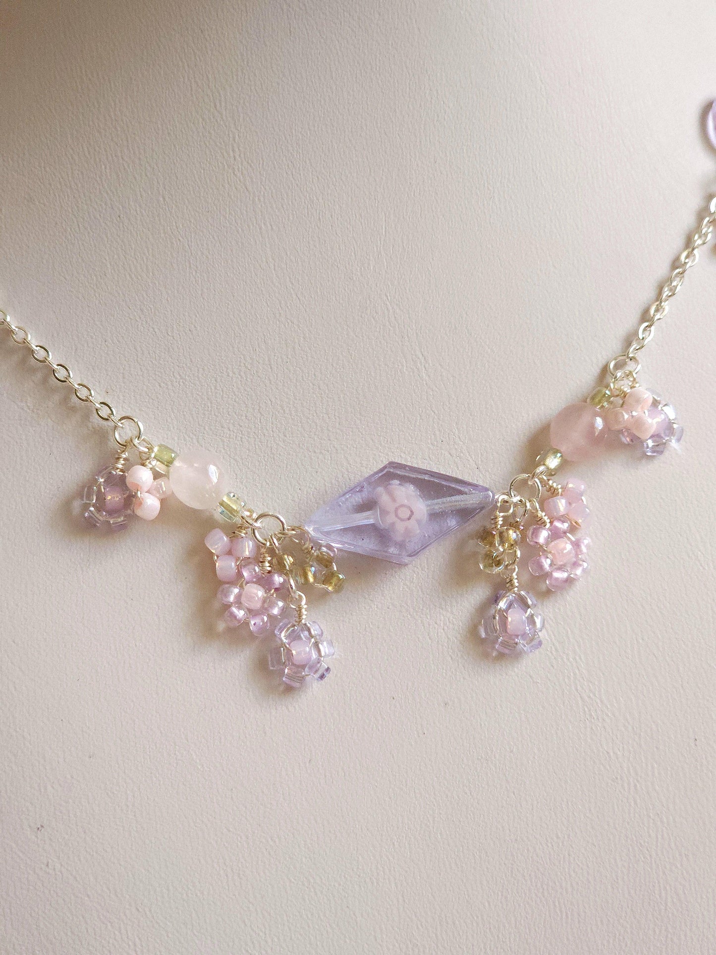 Lilac-pink Glass Flower Necklace - By Cocoyu