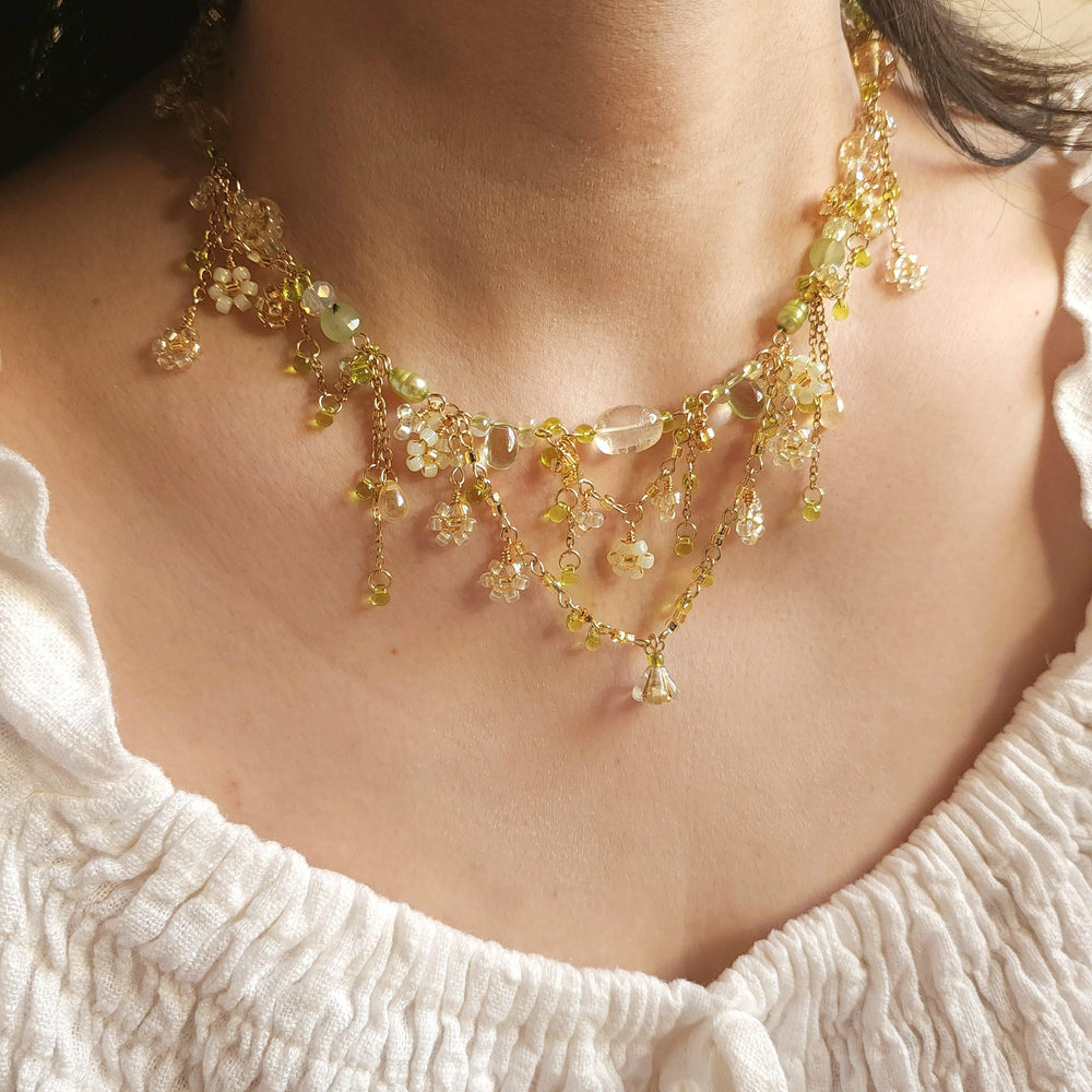 
                  
                    'Nanohana at Sunrise' Gold and Green Floral Necklace - By Cocoyu
                  
                