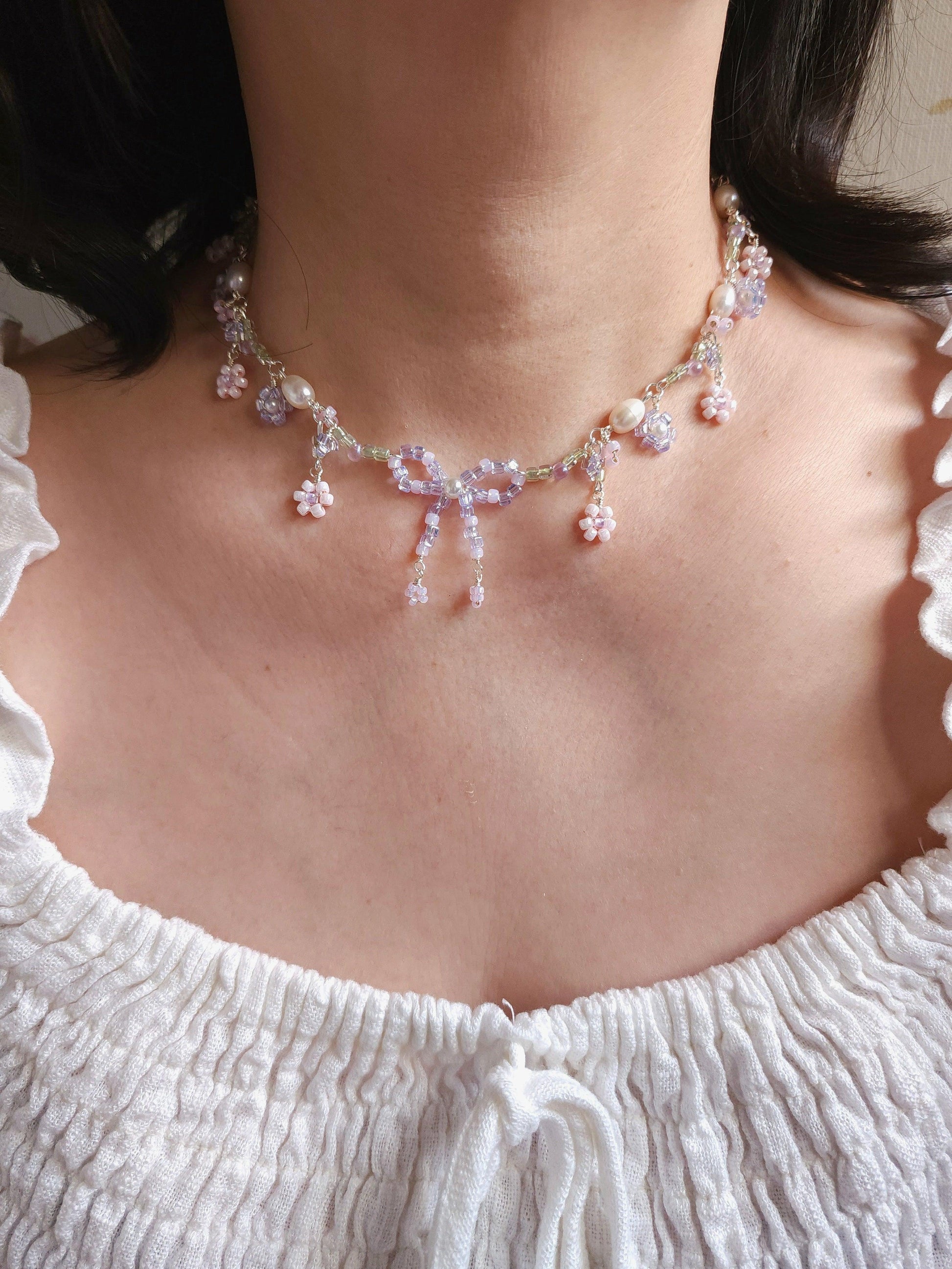 Lavender Pearl Ribbon Necklace - By Cocoyu