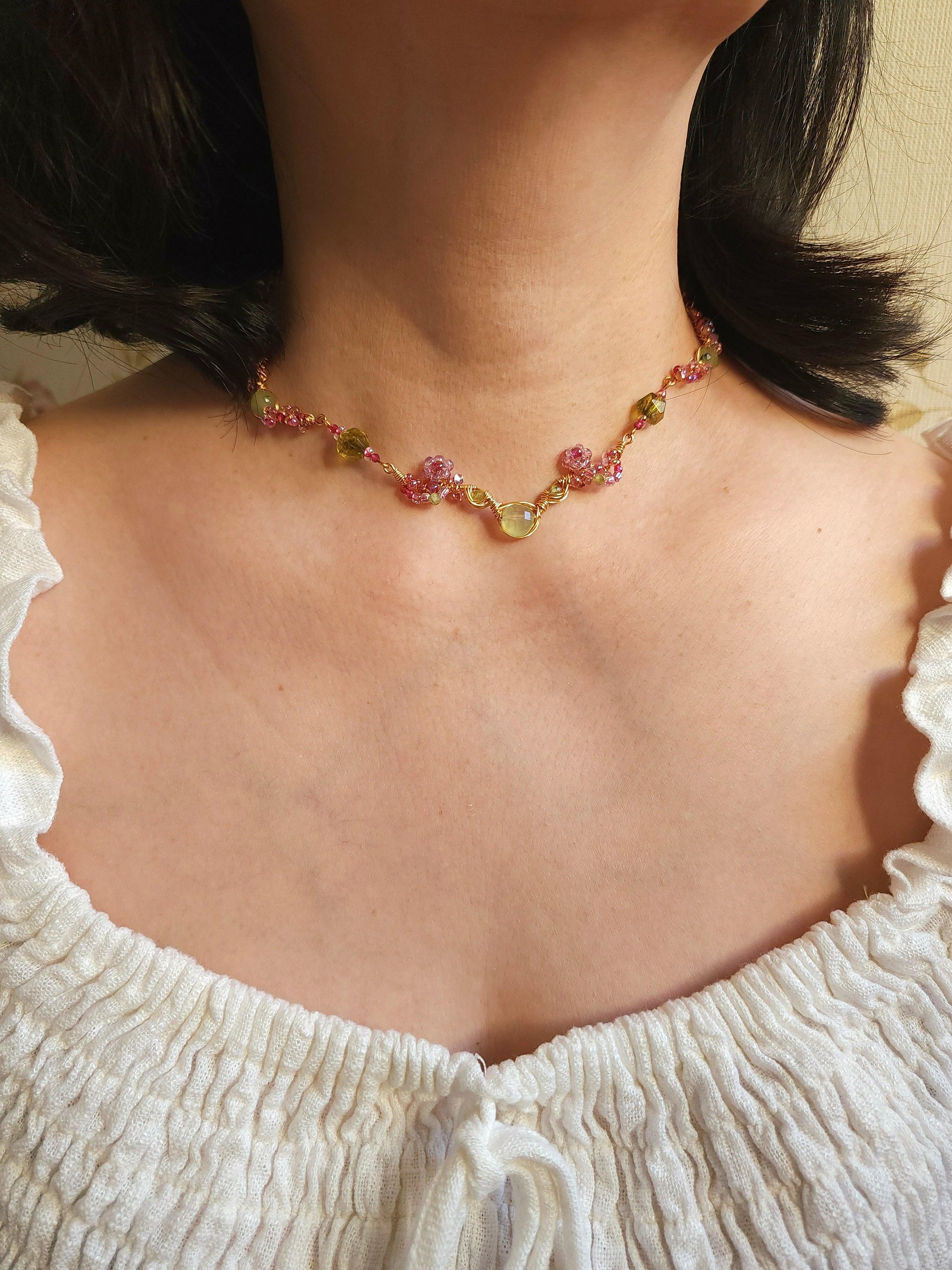 Peridot and Berry Wire Wrapped Choker - By Cocoyu