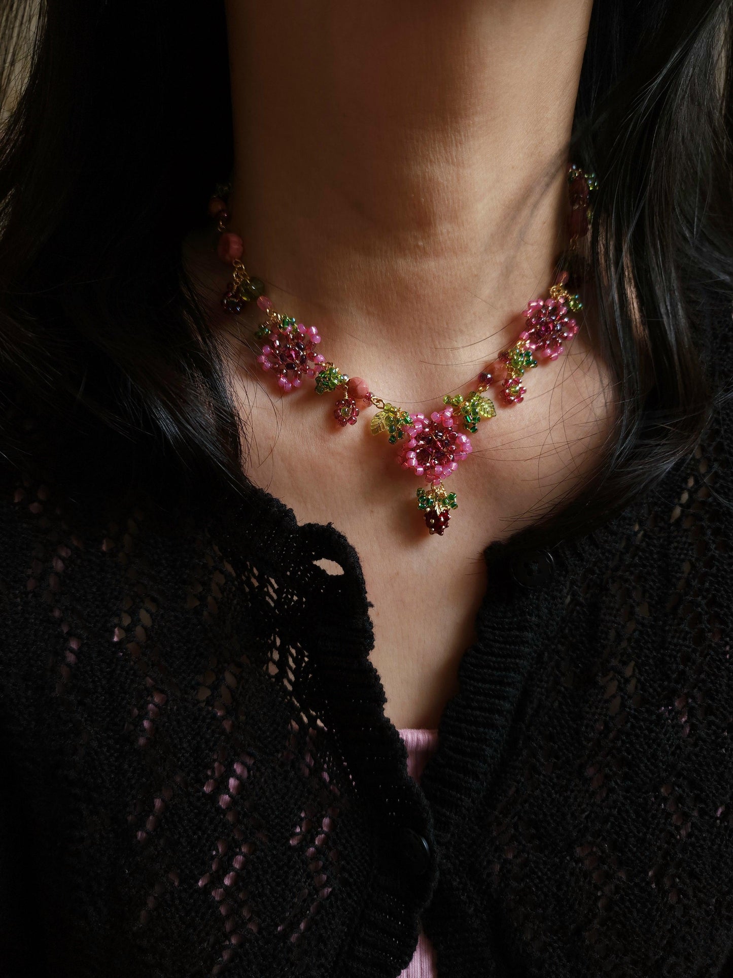 Forbidden Fruit Beaded Floral Necklace