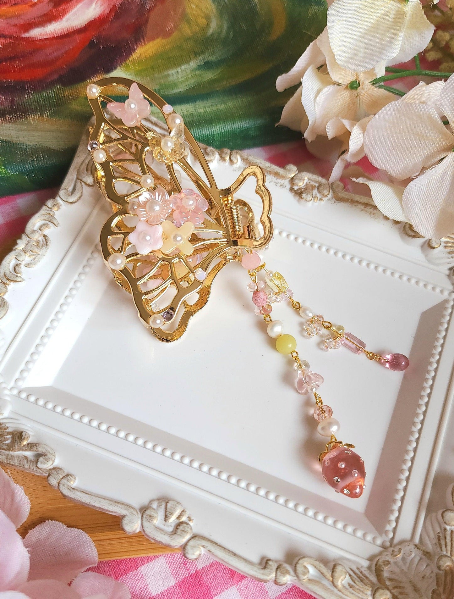 Strawberry Patch Beaded Butterfly Hairclaw