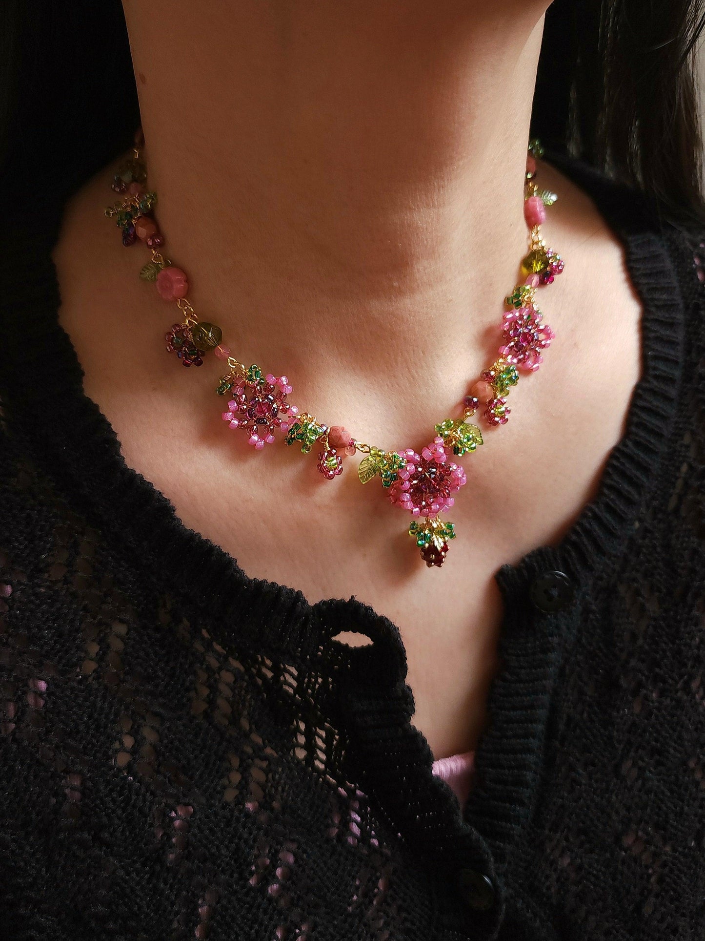 Forbidden Fruit Beaded Floral Necklace