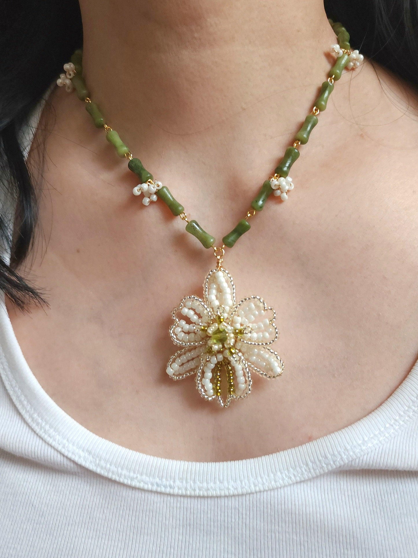 White Orchid Bamboo Necklace