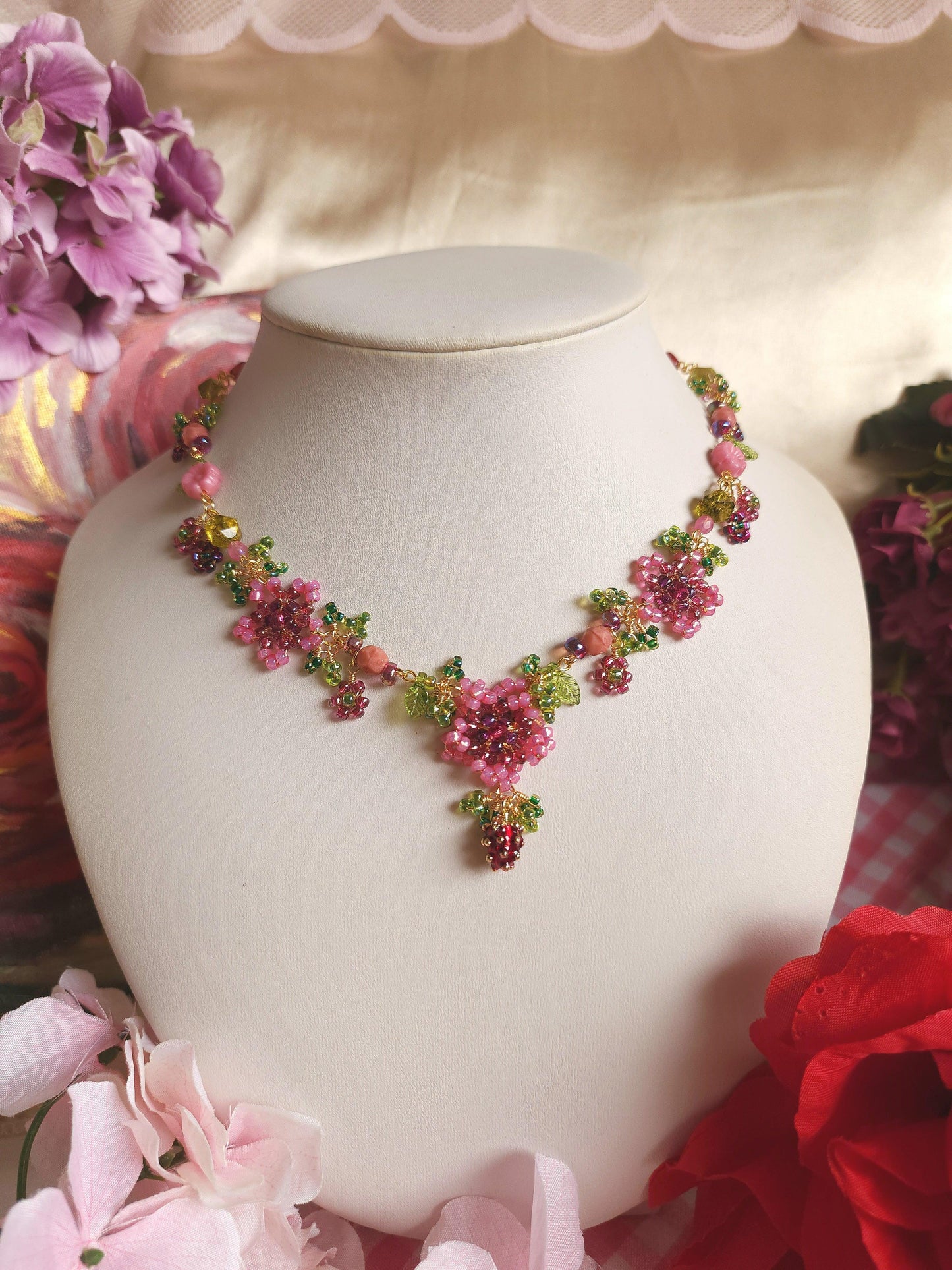 Forbidden Fruit Beaded Floral Necklace