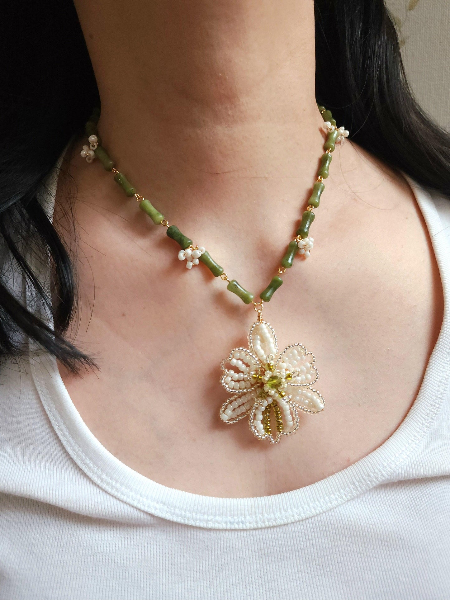 White Orchid Bamboo Necklace