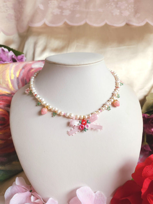 Coquette Berry Ribbon Pearl Necklace