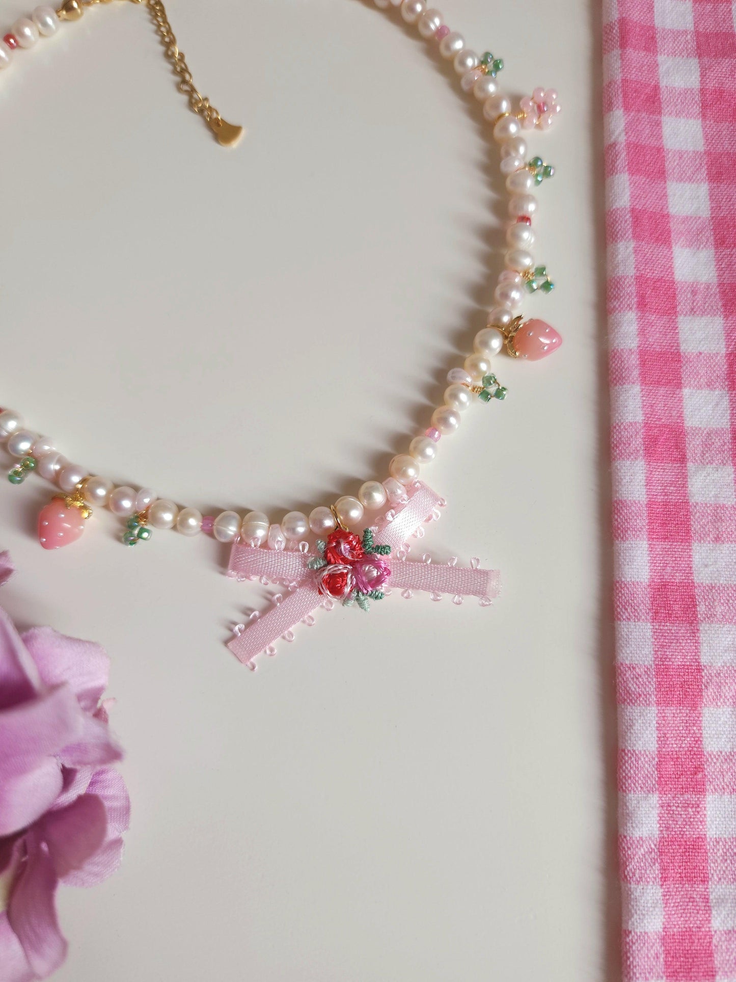 Coquette Berry Ribbon Pearl Necklace