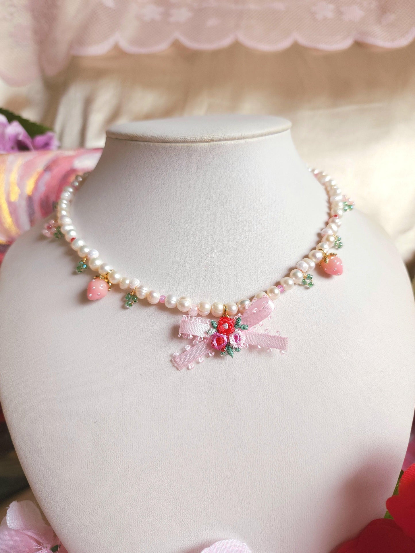 Coquette Berry Ribbon Pearl Necklace