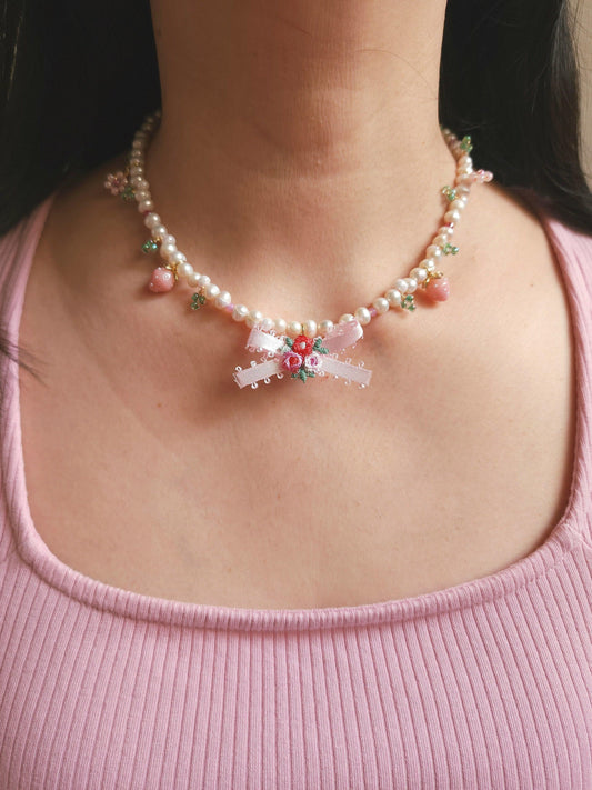 Coquette Berry Ribbon Pearl Necklace