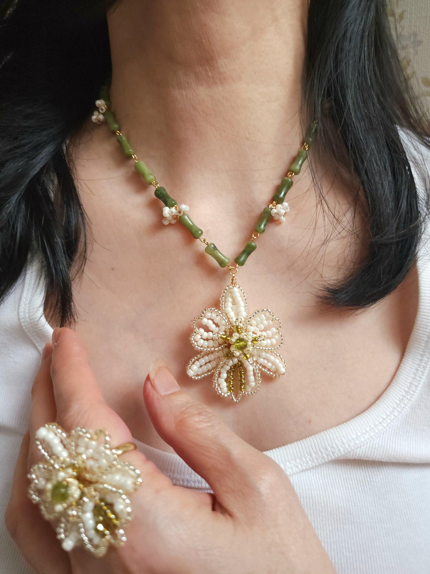 White Orchid Bamboo Necklace