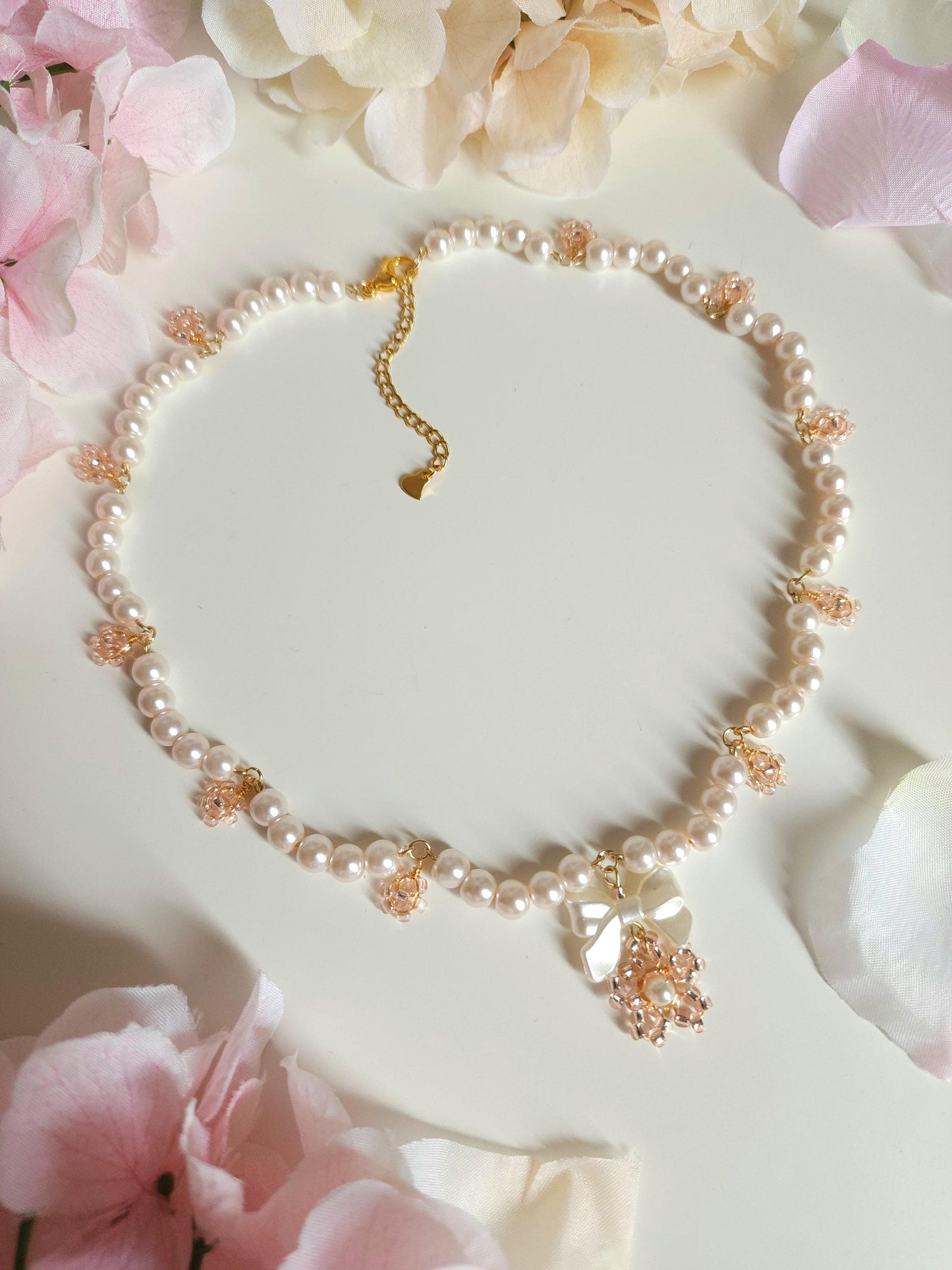 Rosy Ribbon Pearl Necklace - By Cocoyu