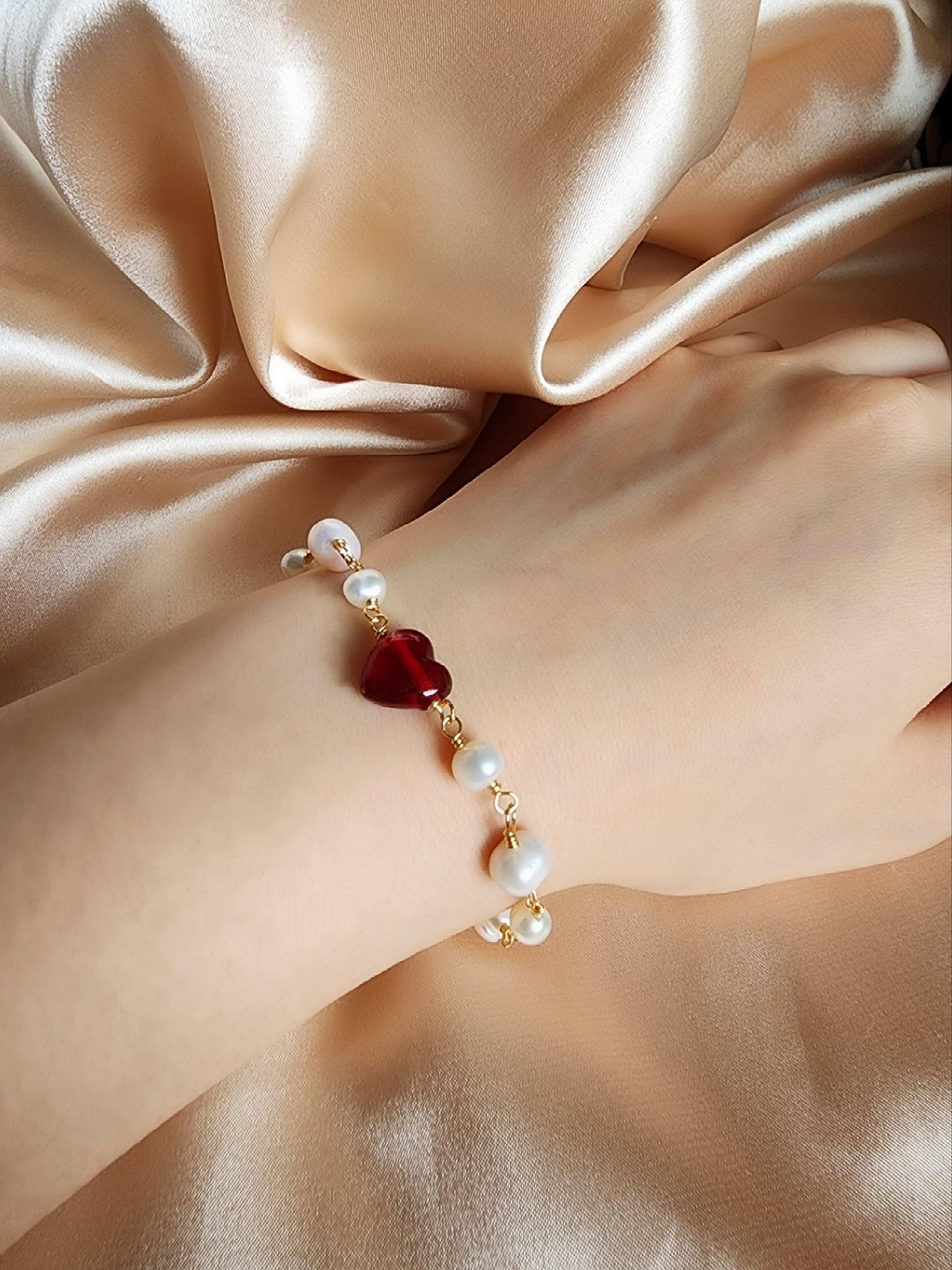 Ruby Heart Pearl Bracelet - By Cocoyu