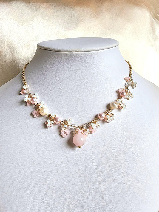 Sea Pink Rose Quartz and Pearl Necklace - By Cocoyu