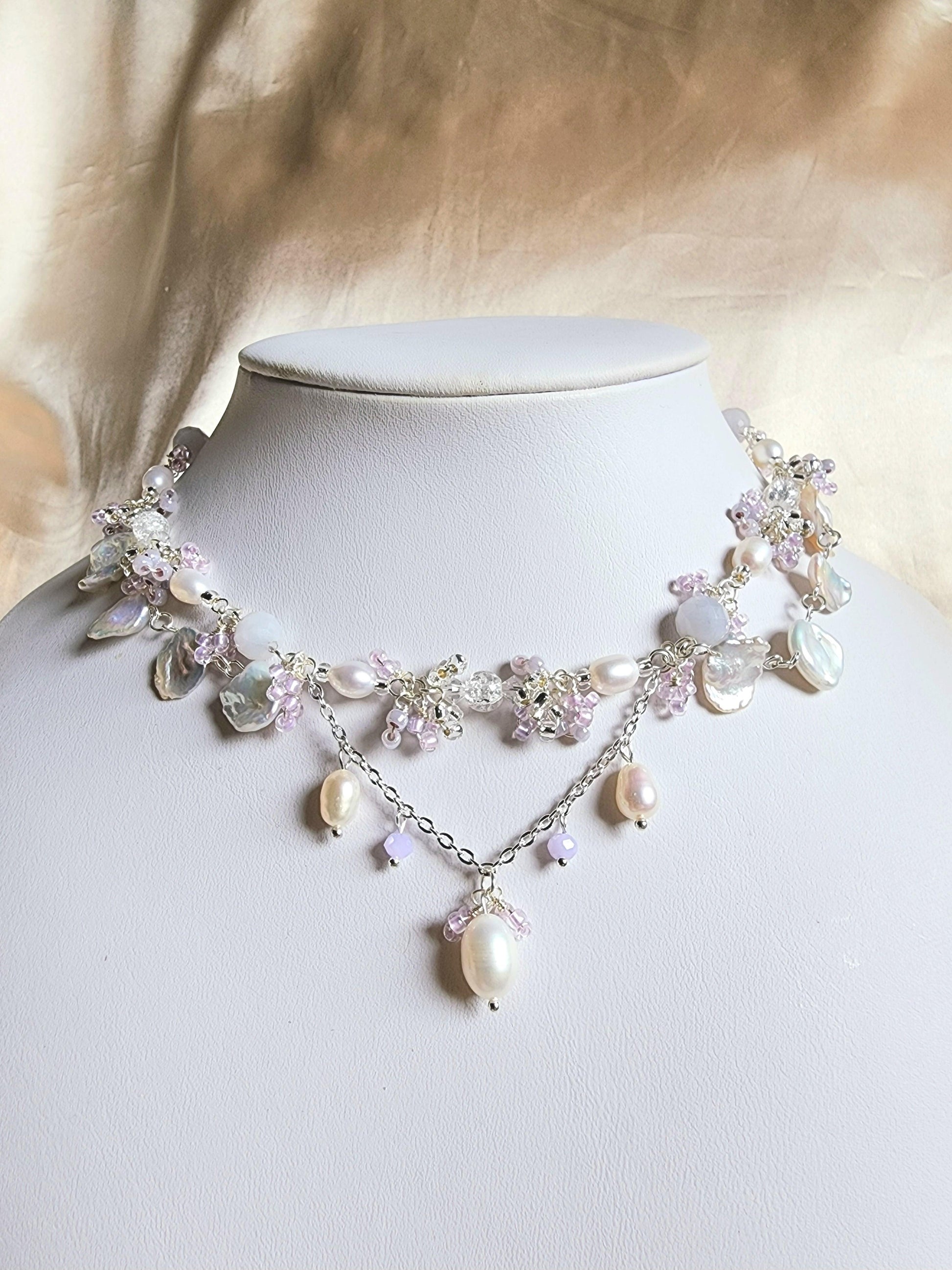 Silver Lilac Blossoms and Pearls Necklace - By Cocoyu